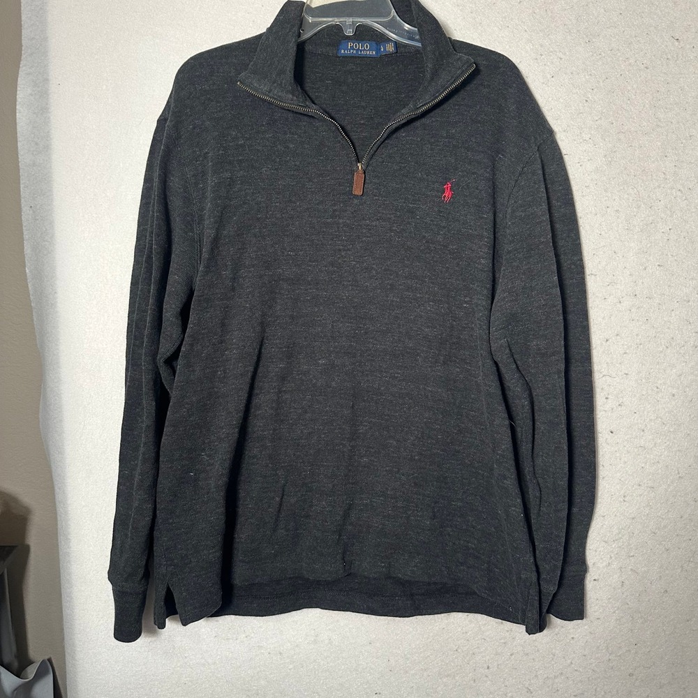 Polo Ralph Lauren Mens Large Charcoal Gray 1/4 Zip Cotton Pullover Sweater Pony